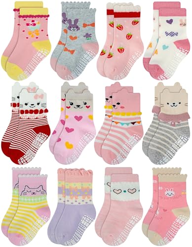 Image of RATIVE Non Skid Anti Slip Cotton Dress Crew Socks With Grips For Baby Infant Toddler Kids Girls