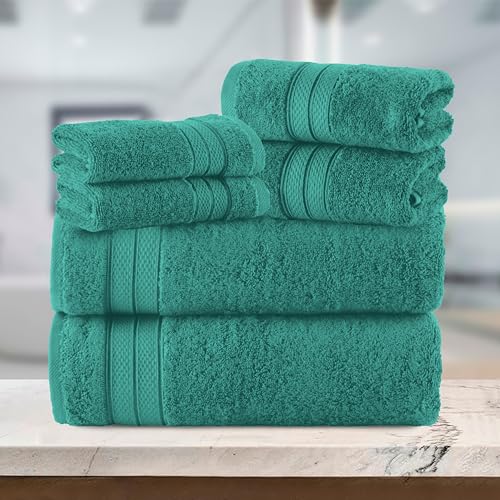 Image of Elegant Comfort Luxury 6-Piece Towel Set, Premium Soft 100% Turkish Cotton, Three Line Popcorn Design 2 Bath Towels, 2 Hand Towels and 2 Washcloths Towel Set - Quick-Drying and Absorbent, Teal Blue