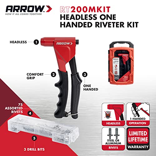 Arrow Rt200Mkit Headless One-Handed Rivet Tool Kit, Manual Riveter Set For Metal, Fabric, Leather, And Auto Repair, Uses 1/8-Inch, 5/32-Inch, 3/16-Inch Rivets, Includes Storage Case And 300 Rivets #TOP1