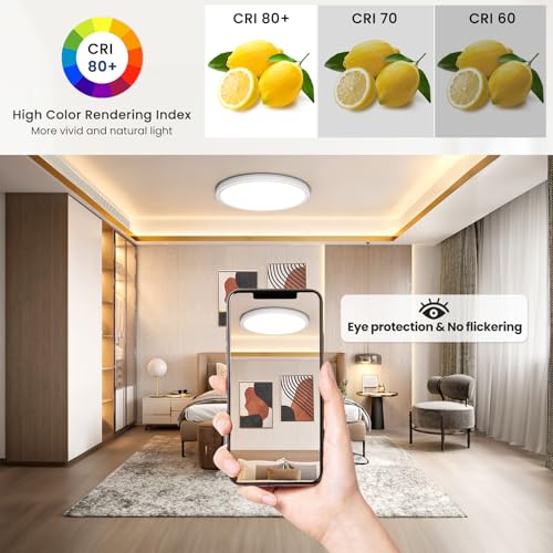 ONEWAY LED Ceiling Lights for Bedroom,24W 2400lm Dimmable Bathroom Lights Ceiling Lights Living Room with 1800K Night Light & 3000-6500K,Panel Smart Flush Ceiling Light for Kitchen Hallway OfficeØ29CM - Image 6