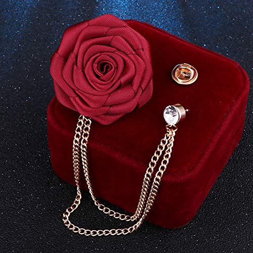 Fashion Bridegroom Wedding Brooches Cloth Art Hand-Made Rose Flower Brooch Lapel Pin Badge Tassel Chain Men's Suit Accessories (Red wine) by MXUHUI - Used condition - Image 3