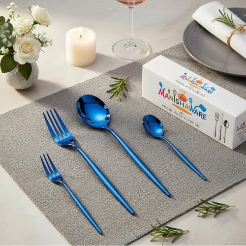Image of Classic Blue 4 Pcs Stainless Steel Cutlery Set for Dining Table, Dishwasher Safe Glossy Flatware (Perfect Spoon Fork Set)