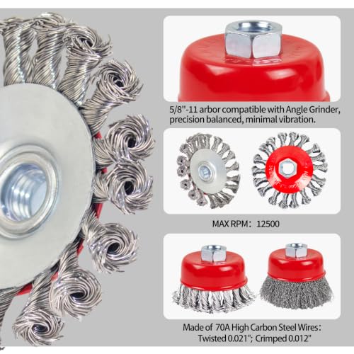 Image of 3in Wire Wheel Brush for Angle Grinder,Wire Cup Brush 5 /8-11 hub-6p | Twisted 0.021 inch Carbon Steel Wire Wheels for Angle Grinder Attachment, Metal Rust Paint Weld Burrs Removal