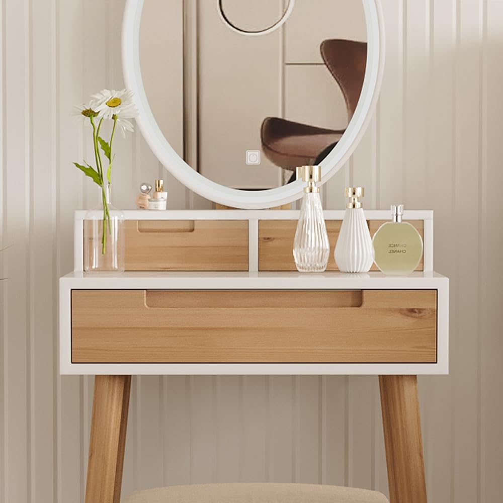 YU YUSING Tocador de Maquillaje con Espejo LED 3 Modos Luz y Taburete 3 Cajones, Mesa Cosmética Multifuncional