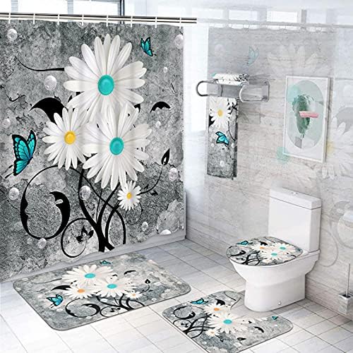Ikfashoni 7 Piece Rustic Daisy Shower Curtain Set with Rugs and Towel, Include Non-Slip Rug, Toilet Lid Cover, Bath Mat and Towels, Farmhouse Butterfly Shower Curtain with 12 Hooks for Bathroom, Large