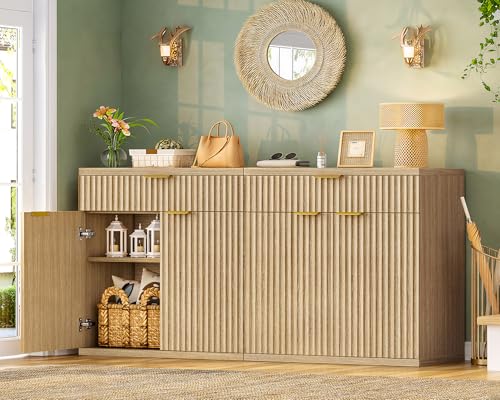 Image of TEENFON 31.5 inch W Fluted Buffet Cabinet with Storage, Sideboard Cabinet, Coffee Bar Cabinet with 2 Doors and Adjustable Shelf for Living Room, Kitchen, Entryway, Natural