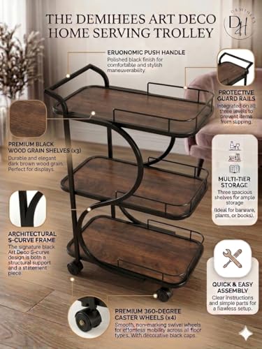 Image of Serving Trolley with Wheels for Home, Tea Food Drinks Serving Kitchen Trolley Restaurant, Hotels,Dining Room bar cart with Wheels (Black-Brown)