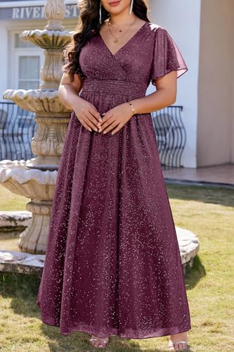 Image of Talisea Plus Size Formal Dresses - V Neck Flutter Sleeve Glitter Prom Evening Gowns Wedding Guest Chiffon Long Maxi Dress