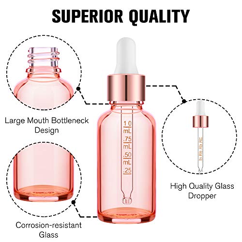 PrettyCare 4 Pack 1oz Dropper Bottles for Essential Oils with Labels, Funnel & Measured Pipettes, 30 ml Leak Proof Rose Glass Essential Oils Bottles- Empty Tincture Bottles for Personal Care & Beauty4