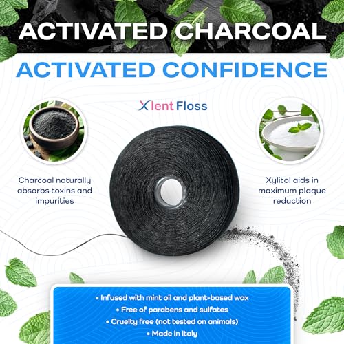 Image of Xlent Expanding Dental Floss - 50m Activated Charcoal Expanding Floss with Xylitol - Mint - PFAS & PTFE Free - Natural Plant Wax - 2 Pack