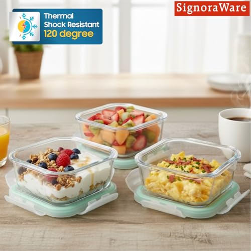 Image of Signoraware Lock N Store Borosilicate Glass Square Container | Airtight & Leakproof | Stain Resistant | Microwave Safe | Ideal for kitchen Storage and lunch packing (800mlx3| Setof3 | Clear)