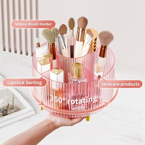 Image of Clear Rotating Makeup Organizer Countertop for Vanity, 360 Makeup Brush Holder Organizer with 5 Compartments, Transparent Cosmetic Storage for Lipstick, Skincare, Bathroom Counter (Transparent Pink)