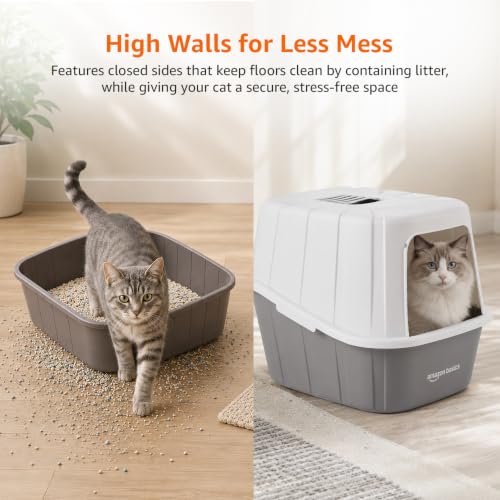 Image of Amazon Basics Semi Enclosed Cat Litter Box | Large Litter Tray | Easy Clean Cat Washroom for Indoor Cats | Brown + White | 38 X 40 X 48 cm | Suitable for Kittens & Cats