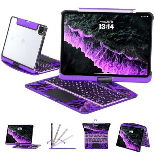 Image of Transparent Case with Keyboard for iPad 9th (7th, 8th, and 9th Gen)10.2 Inch ,with 7-Color Backlit Wireless Keyboard,360Rotatable Protective Case Multi-Touch Trackpad,with Pencil Holder,Purple