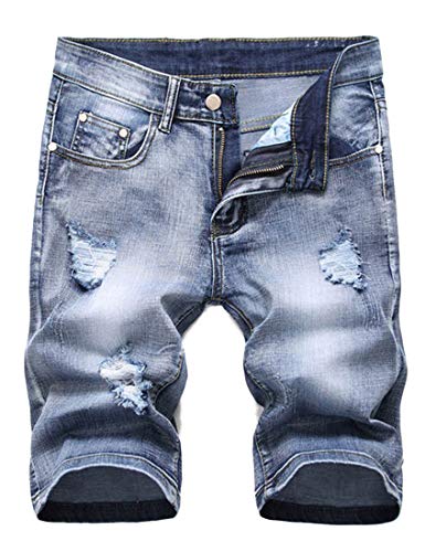Idopy Men`s Stretchy Ripped Distressed Short Jeans Denim Shorts Light Blue 34