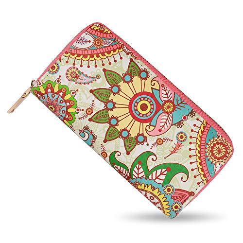 bluzelle Geldbeutel Geldbörse Portemonnaie aus Kunst-Leder mit Handyfach, Lange Premium Design Brieftasche, Umlaufender Reißverschluss Münzfach Kartenfächer Geldtasche, Designs:Paisley Cover