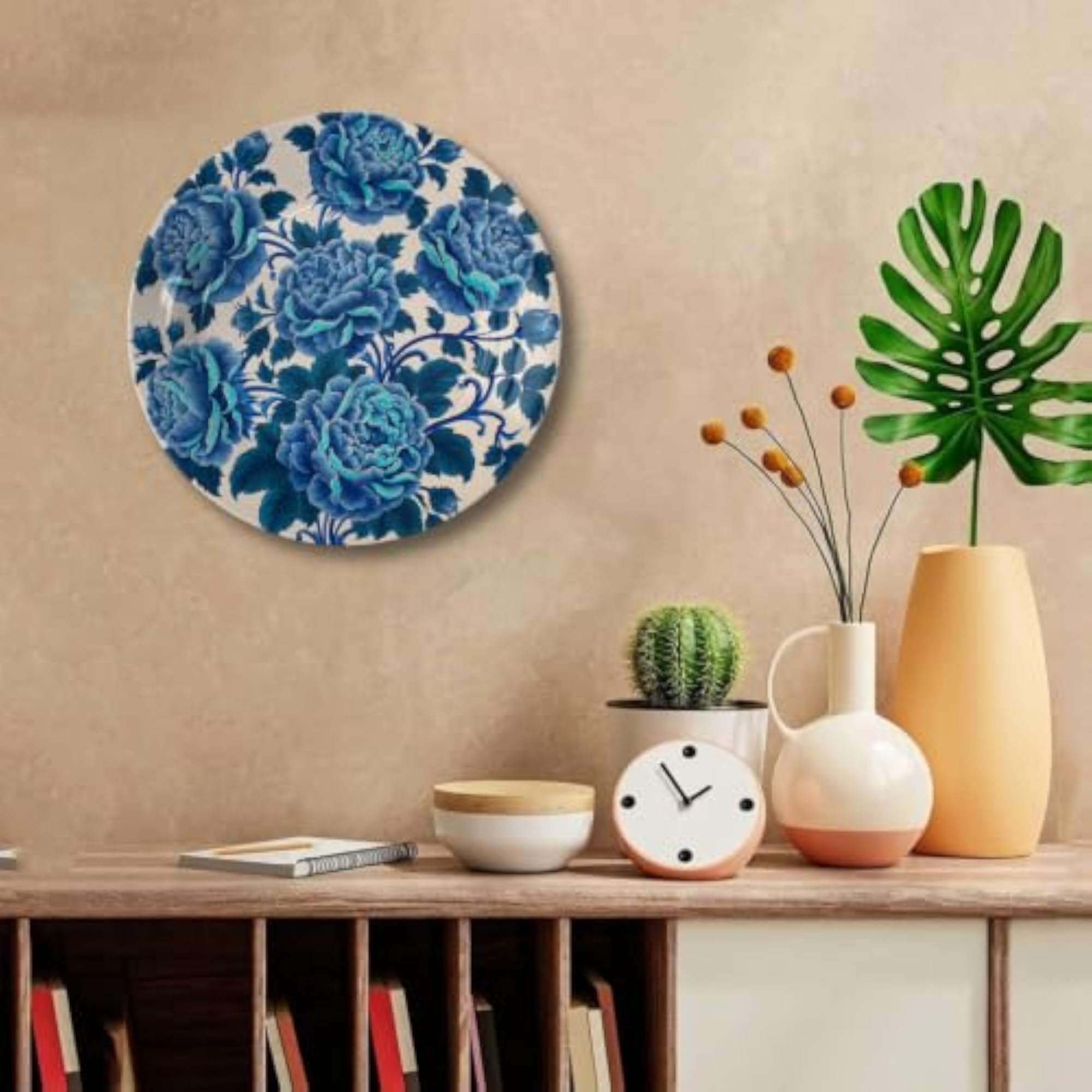 Blue Floral Ceramic Art Plate with Display Stand, Decorative Wall Hanging