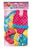 Das Set enthält einen Badeanzug, ein Paar Clogs, einen Schwimmring und zwei Schwimmflügel
