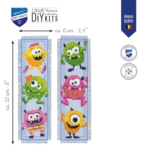 Image of Vervaco Cross Stitch Bookmark Kit Little Monsters (Set of 2) 2.4 inch x 8 inch