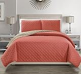 KingLinen Embossed Geometric Reversible Bedspread/Quilt/Coverlet with Sham Set (Coral, Queen)