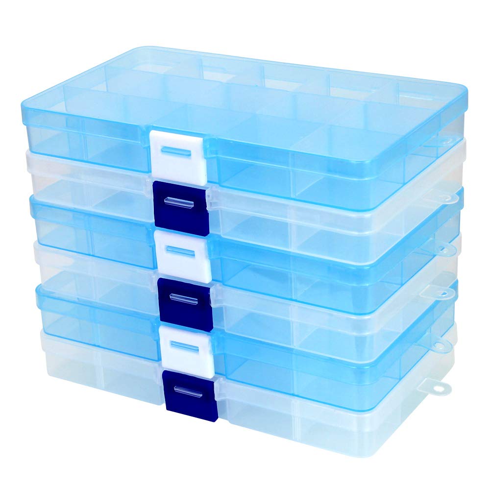 CODIRATOCODIRATO 6 PCS Plastic Compartment Box 15 Grids Plastic Storage Box with Adjustable Dividers Jewelry Organizer for Jewelry, Rings, Earrings, Beads and Some Gadgets (White and Blue)