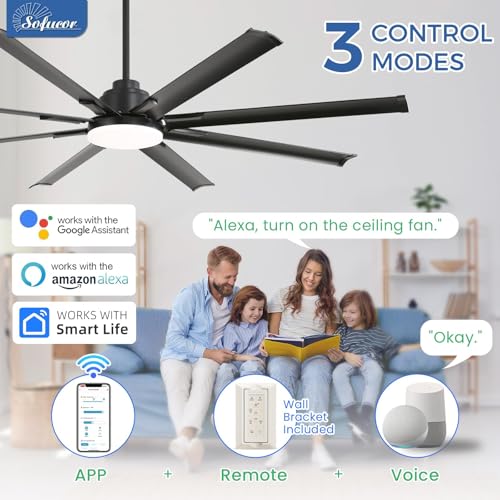 Sofucor 84 Inch Smart Ceiling Fan with Light, 8 Aluminum Blades Outdoor Black Ceiling Fan, Work with App/Alexa/Google, 6-Speed Reversible DC Motor for Industrial Large Garage Living Room Patio thumbnail 2