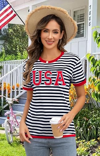 Image of Ithalt Women 4th of July Shirt Fourth of July Shirts USA Sequin Tshirt American Patriotic T-Shirt Stripes Tee Tops