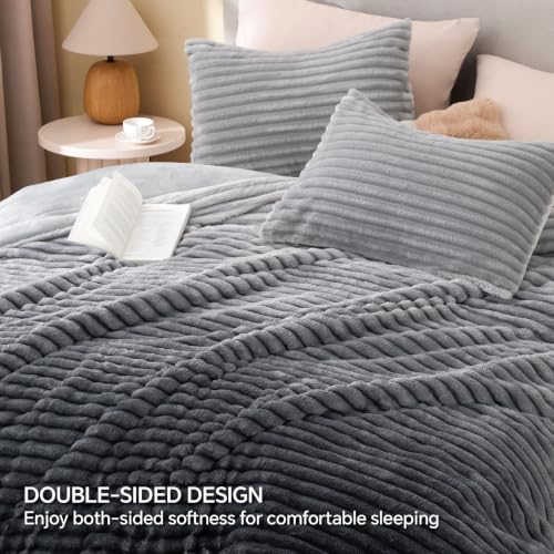 Image of BEDELITE Fleece King Comforter Set, Fluffy Bed Set, Grey Ombre