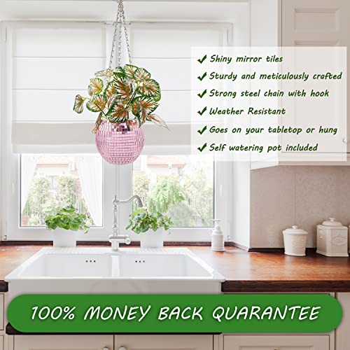 Disco Ball Planter For Indoor Outdoor | Self Watering Hanging Flower Pot | 6'' Unique Boho Vase Home Office Balcony Patio Tabletop Room | Small Mirror Plant Holder | Retro Groovy Little Wall Hanger #TOP2