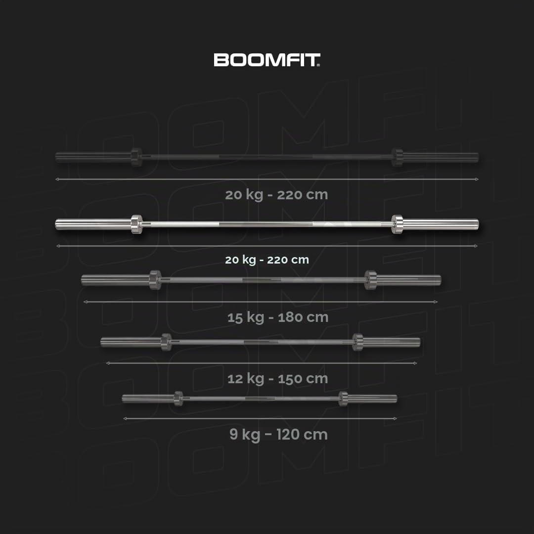 BOOMFIT Barre Olympique 9/12/15/20 kg | Manchons 50mm| Barre de Musculation Développé Couché et Squat | Charge 205-405kg | Idéale Home Gym, Haltérophilie et Powerlifting