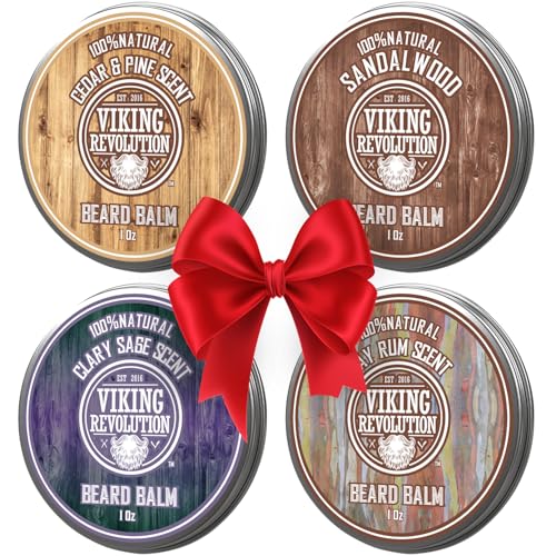 Viking Revolution 4 Beard Balm Variety Pack (1oz Each) - Sandalwood, Pine & Cedar, Bay Rum, Clary Sage - Styles, Strengthens and Softens Beards and Mustaches - Wax for Men
