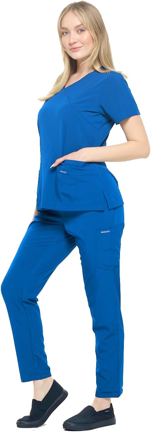 Dagacci Medical Uniform Women's 4-Way Stretch Fitted Y Neck Natural Scrub Set - Image 2