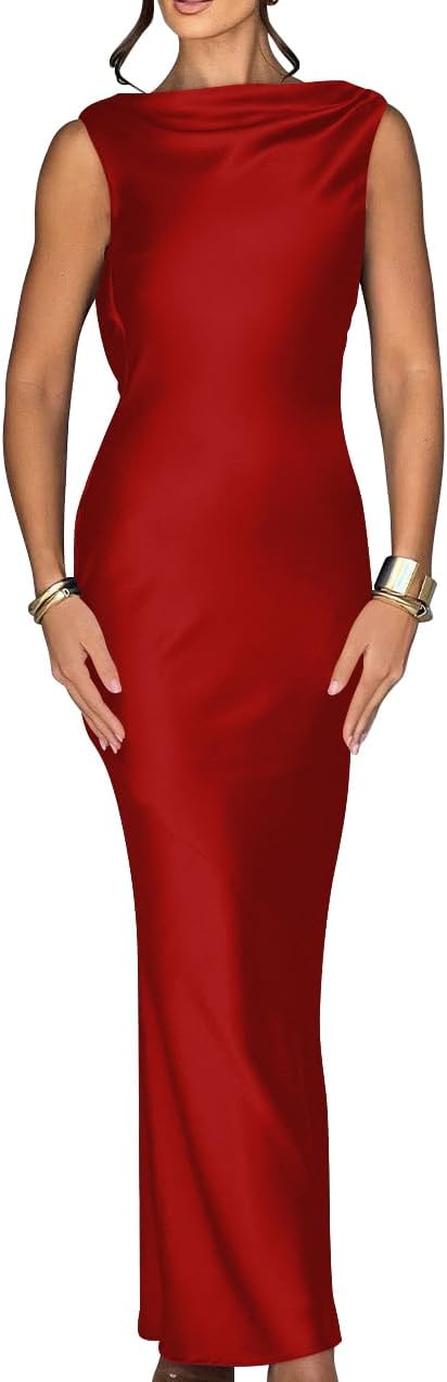 Memoriesea Women's Elegant Sleeveless High Neck Tie Cocktail Wedding Party Maxi Dress