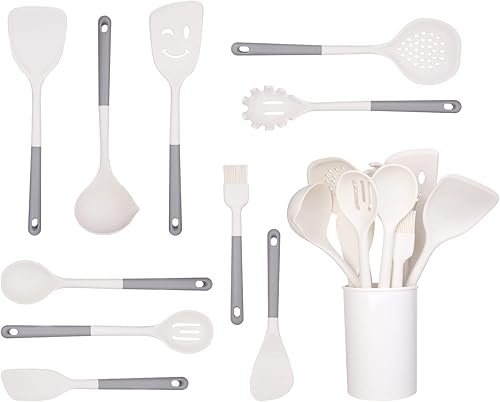 YSTKC Juego de utensilios de cocina, 11 piezas de utensilios de cocina de silicona con soporte, mango ergonómico de madera, antiadherente,