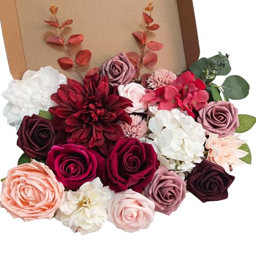 Artificial Flowers, OrgMemory Dusty Rose Faux Flowers Combo for Floral Arrangements Bouquets Wedding Décor (Dusty Rose Burgundy) image 2