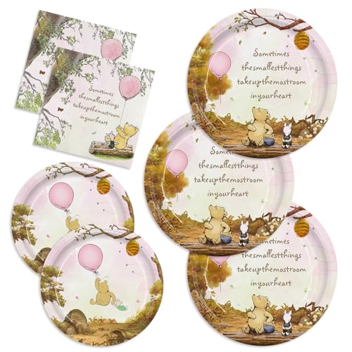JINHUPANDER 150pcs Winnie Plates Napkins Baby Shower Decorations Pink Paper Disposable Tableware Set for Girls Party Supplies Serves 50 Guests