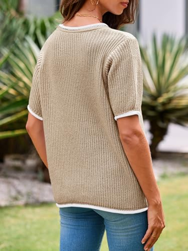 Image of Saodimallsu Womens Puff Short Sleeve Sweater Tops Spring Summer Color Block Ribbed Knit Crew Neck Going Out Shirts