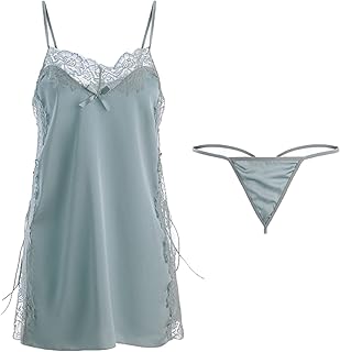 Women Satin Lace Babydoll Lingerie Sexy Side Slit Chemise Nightwear Full Slips Exotic Strappy Bridal Sleepwear (Green,One Size)