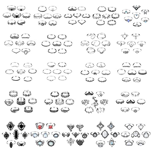 ONESING 154 Pcs Knuckle Rings for Women ï¼ŒVintage Knuckle Rings Set ï¼ŒStackable Finger Rings Set Bohemian Retro Vintage Jewelry Silver Rings Crystal Joint Rings Hollow Carved Flowe