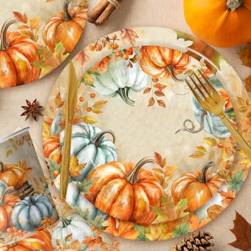 Image of Fall Paper Plates and Napkins Sets,144pcs Watercolor Retro Pumpkin Thanksgiving Party Plates and Cups and Napkins Sets for Autumn Themed Thanksgiving Party Supplies,Serves 24