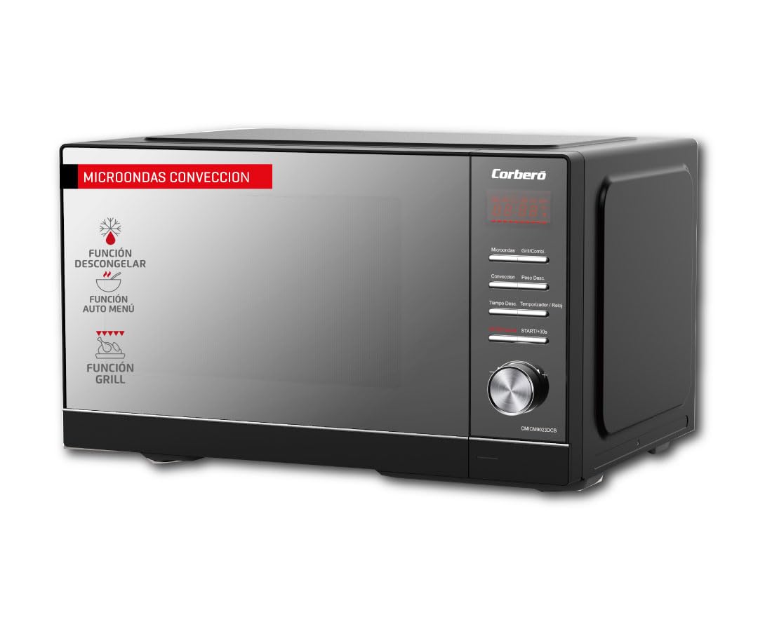 Corberó - Microondas Convección | CMICM9023DCB | 23L | 900W | Con Grill | 6 Niveles Potencia | Auto Menú | Descongelar | Control Digital | Plato Giratorio | Negro/Inox