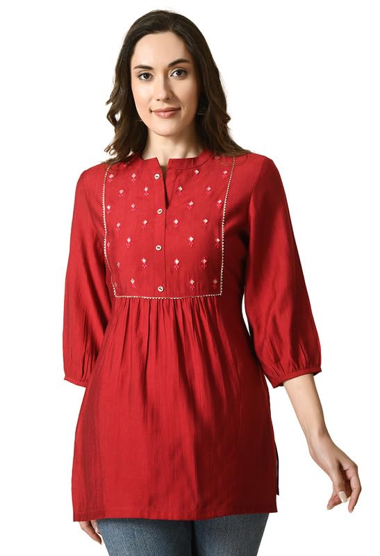 MeesanWomen's Smart Casual 3/4th Sleeves Regular Mandarin Neck Modal Embroidered Tunic