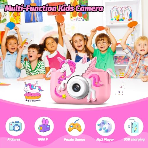 Kinderkamera, Einhorn Selfie Digital Kamera mit 32GB Karte, Weihnachts Geburtstagsgeschenk für Jungen und Mädchen, 1080P HD Kinder Kamera, Geschenke Spielzeug für 3 4 5 6 7 8 9 10 11 12 Jahre