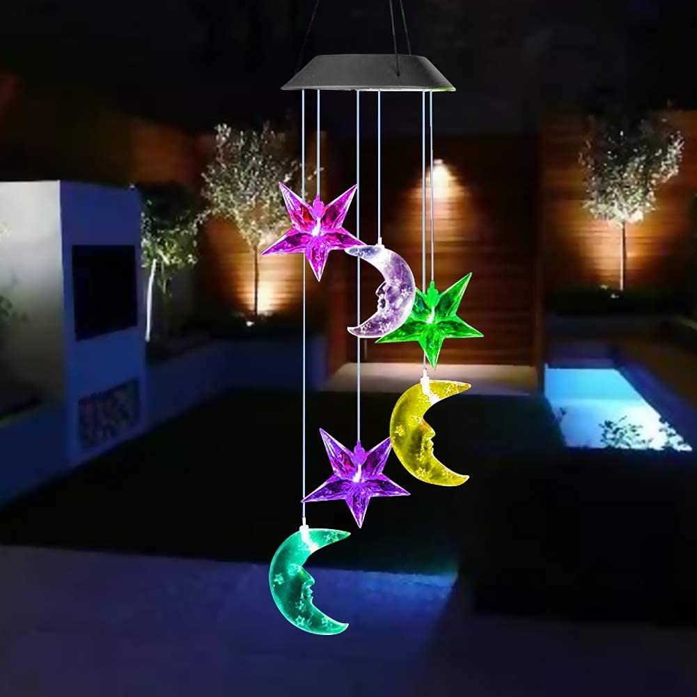 BrightDaily Solar Wind Chimes for Outside Moon Star Decor Landscape Light，Moon and Star Solar Wind Chimes for Outside，Changing Color Solar Lights, Xmas Gifts for Mom,Home,Patio,Yard,Festival