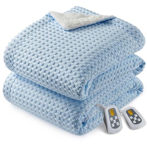 CAROMIO Heated Blanket Queen Size with LCD Dual Controller, Waffle Weave Fast Heating Electric Blankets, 10 Heat Levels & 1-12H Time Settings, ETL Certified, Machine Washable, Light Blue, 84" x 90"