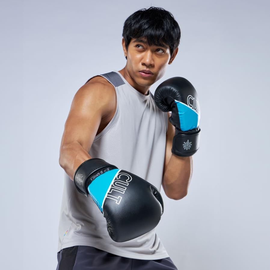 Image of Cult Premium Leather Boxing Gloves for Men & Women - 12 Oz High-Density PU Padding, Wrist Support & Antimicrobial Lining - Ideal for Boxing, Kickboxing, Muay Thai & MMA - Blue & White