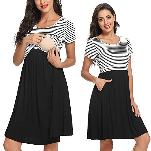 GLAMIX Damen Stillkleid Sommer Casual Kurzarm Stillkleider mit Taschen - - X-Groß Cover