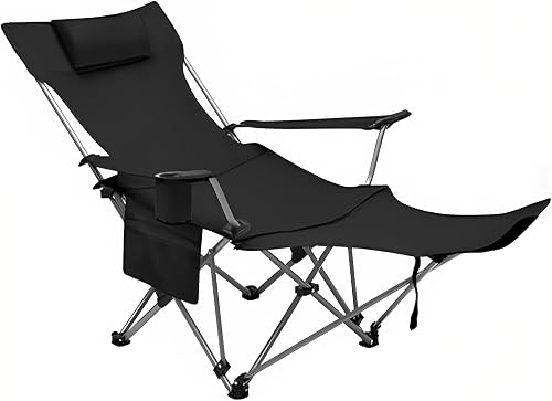 SM Portable Camping Chair with Footrest, Headrest, Cup Holders, Black, Folding Design with Storage Bag