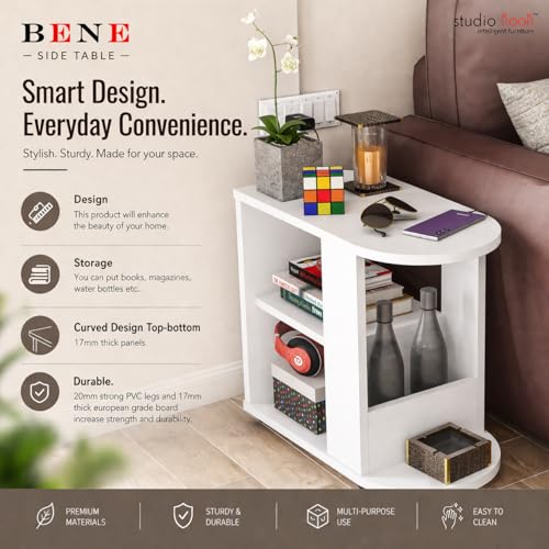 Image of Studio Kook Bene Engineered Wood Side Table | End Table with Storage, Matte Finish, DIY (DO IT Yourself) Assembly (Moonshine White)