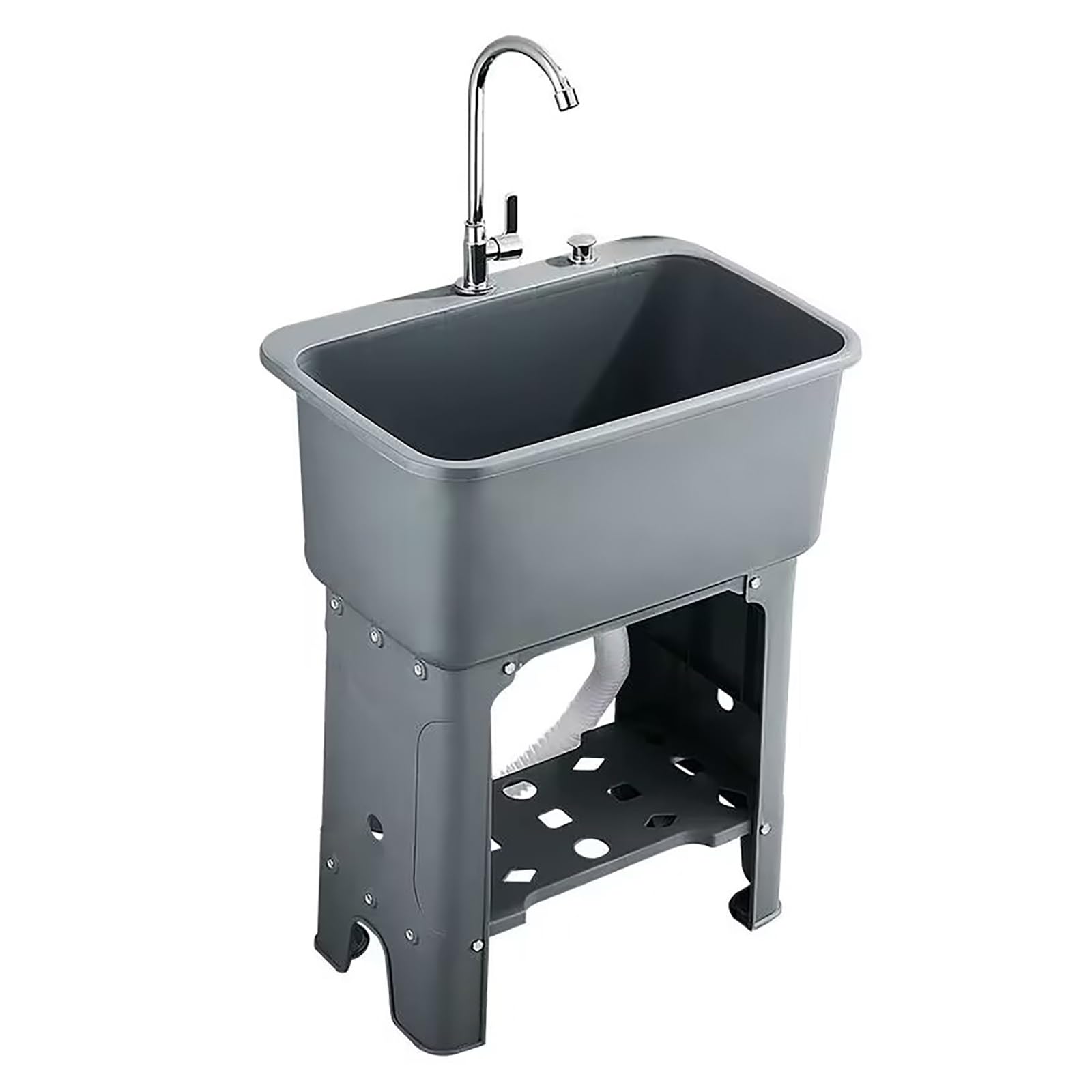 Fregadero utilitario con grifo giratorio de 360°, fregadero de plástico independiente con almacenamiento de tabla de lavado para garaje, laboratorio, lavandería y jardín